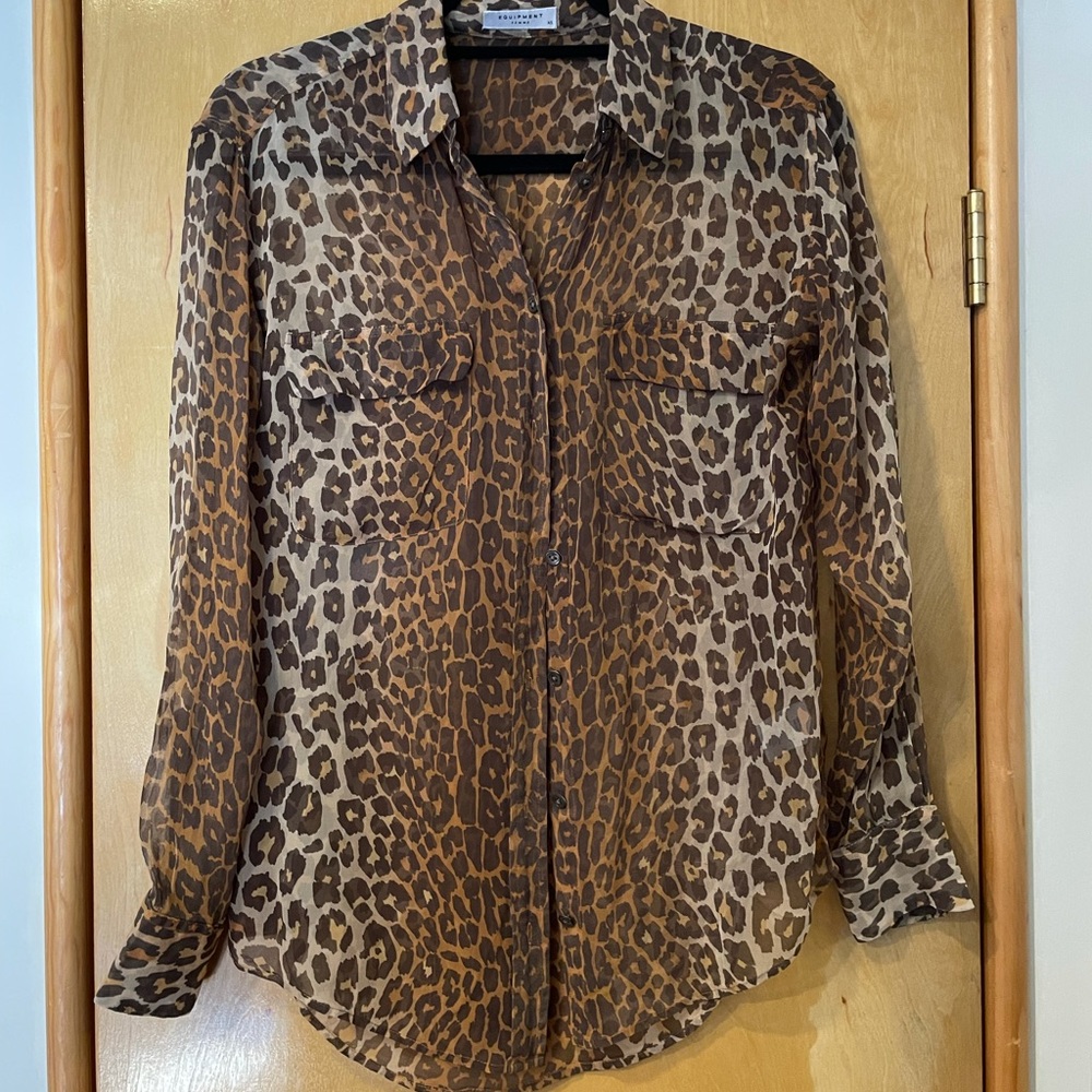 Equipment leopard print sheer silk top XS